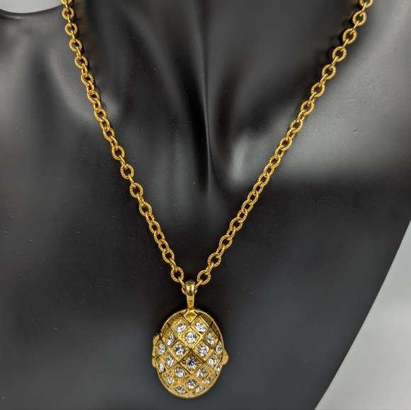 Joan Rivers Pave Crystal Egg Charm Locket Necklace Gold Tone 30" Chain With Bee - Picture 3 of 8